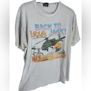 Vintage 1990 distressed Back To Iraq Desert Storm Sheild Sadam Hussein t L rare